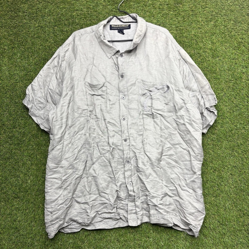 Vintage Pelle Pelle Linen Set Shirt Shorts Mens 42 Grey Silk Blend Button Up y2k